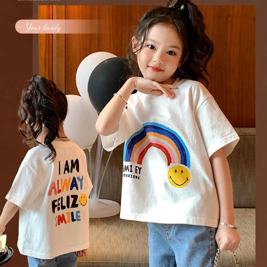 女童彩虹笑脸纯棉T恤2024打底衫夏装新款儿童白色圆领百搭上衣