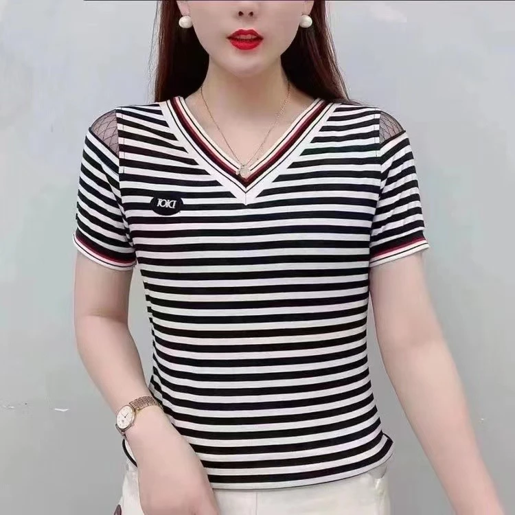 2023条纹短袖t恤夏季休闲百搭女装时尚洋气v领T恤上衣修身显瘦潮