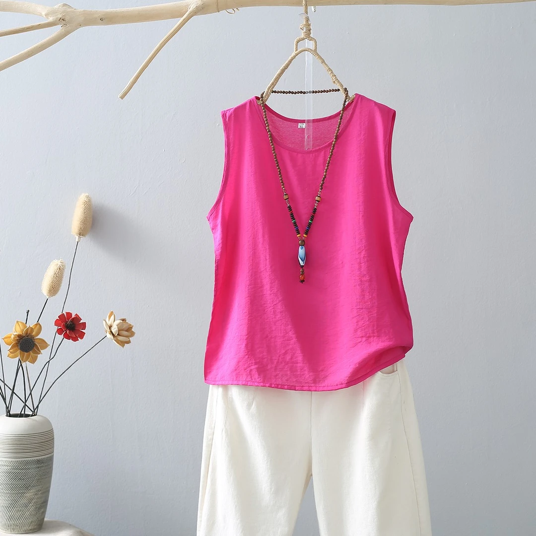夏季百搭无袖背心休闲复古时尚纯色圆领小背心