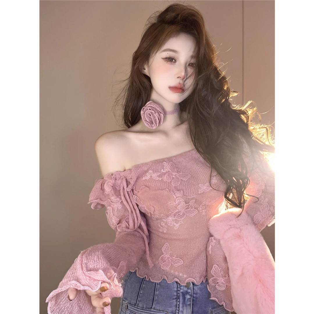 春秋毛针织衫一字领性感一字肩辣妹包袖设计感蕾丝秋季重工蝴蝶