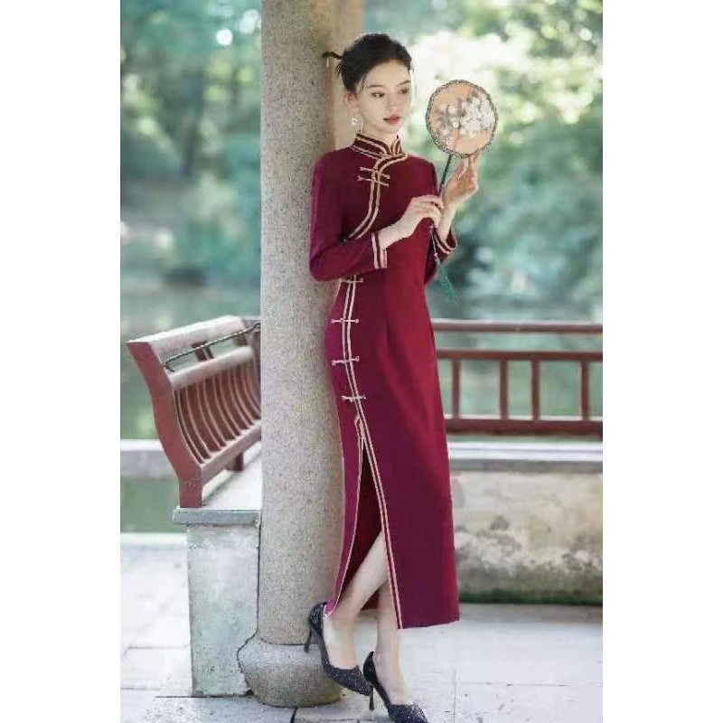 A101984，沫凡，春秋季复古日常修身长款旗袍，衣长120左右，M~4XL