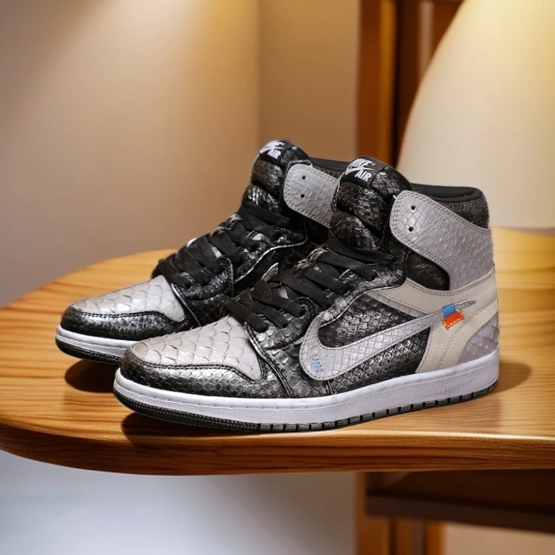 NIKE/耐克AJ 联名款黑银【定制球鞋】蟒蛇皮做旧小脏鞋球鞋潮鞋情侣