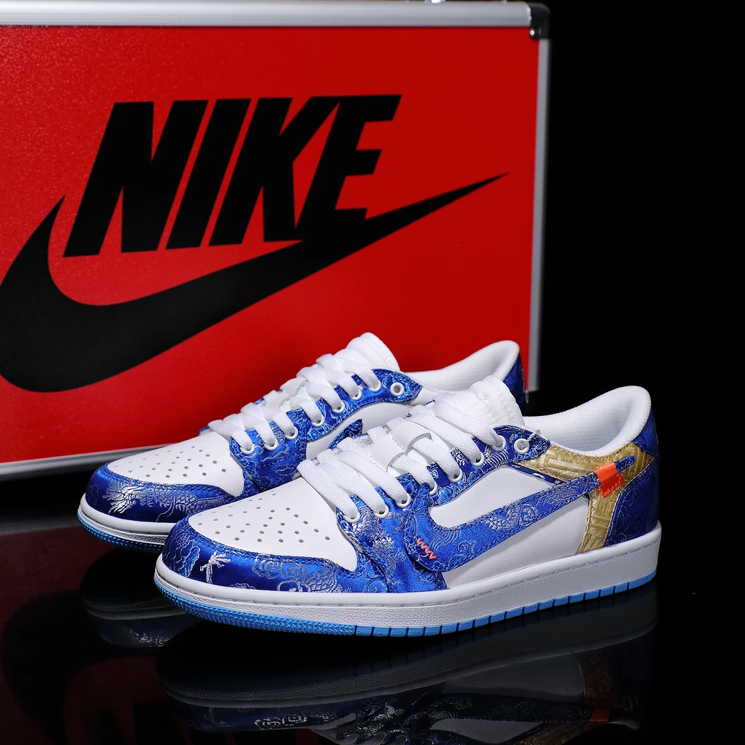 NIKE/耐克联名款龙纹刺绣丝绸小牛皮蓝白【定制球鞋】百搭国潮风