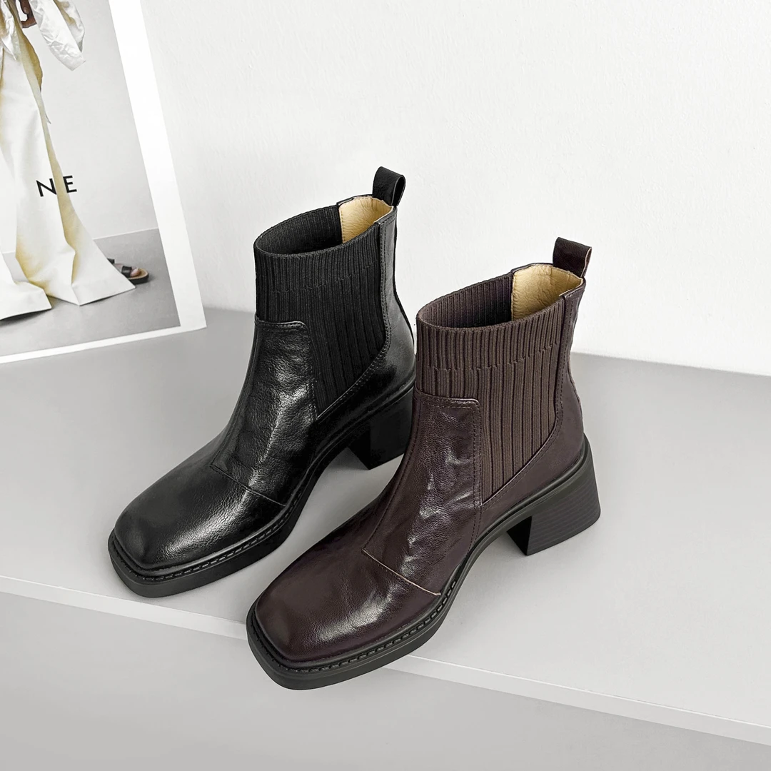 WGW578/5cm/2024明星同款牛皮短靴秋冬弹力袜靴小众百搭鞋子保暖