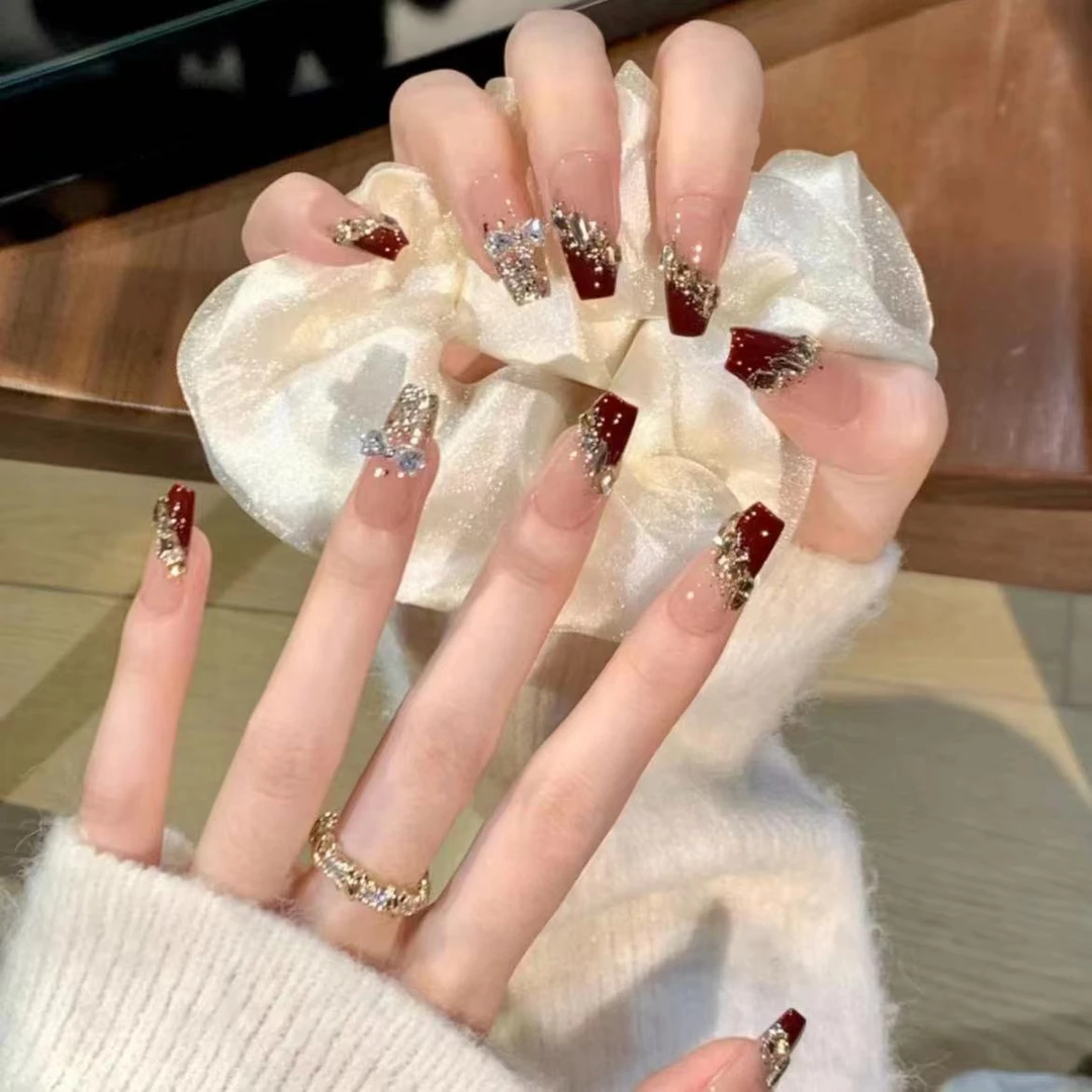 纯手工穿戴甲酒红慕斯成品假指甲光疗贴片可拆卸长款中长款裸色