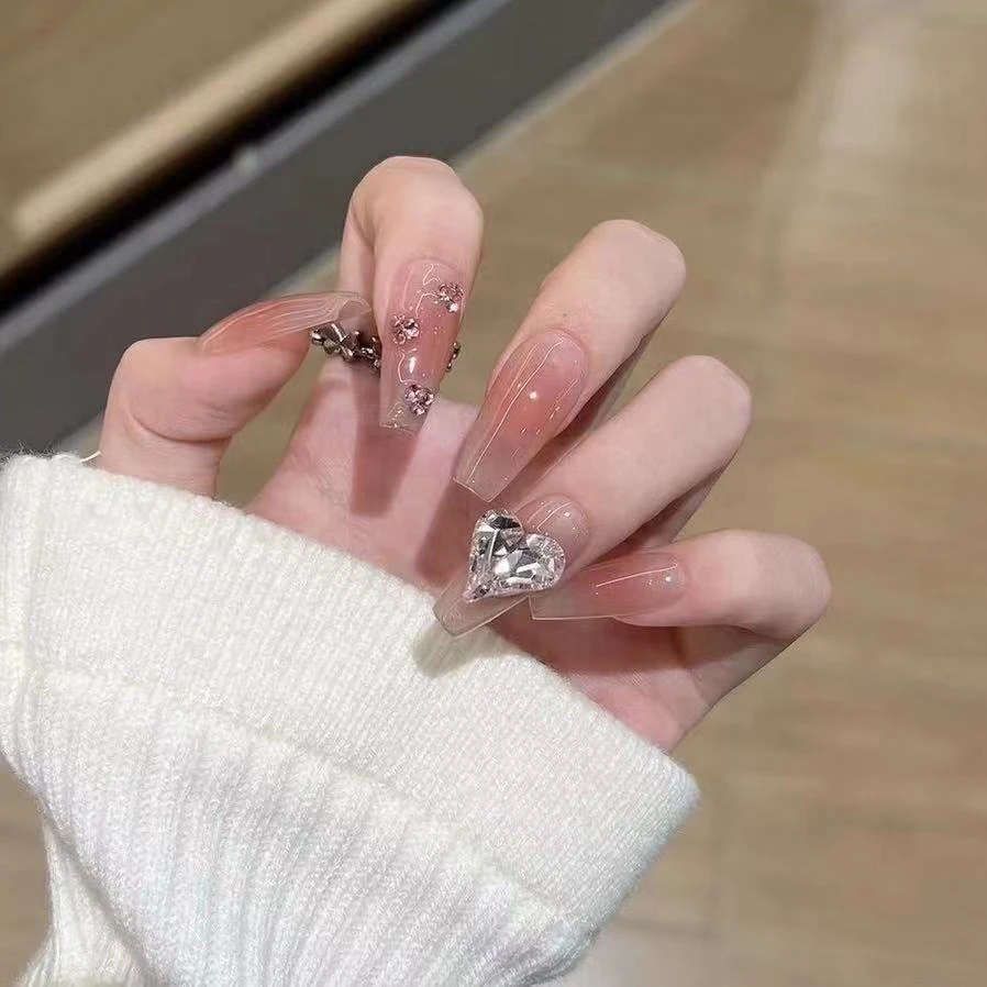 蜜桃歪心手工光疗美甲贴果冻贴片指甲成品穿戴甲美白梯形纯欲爆闪