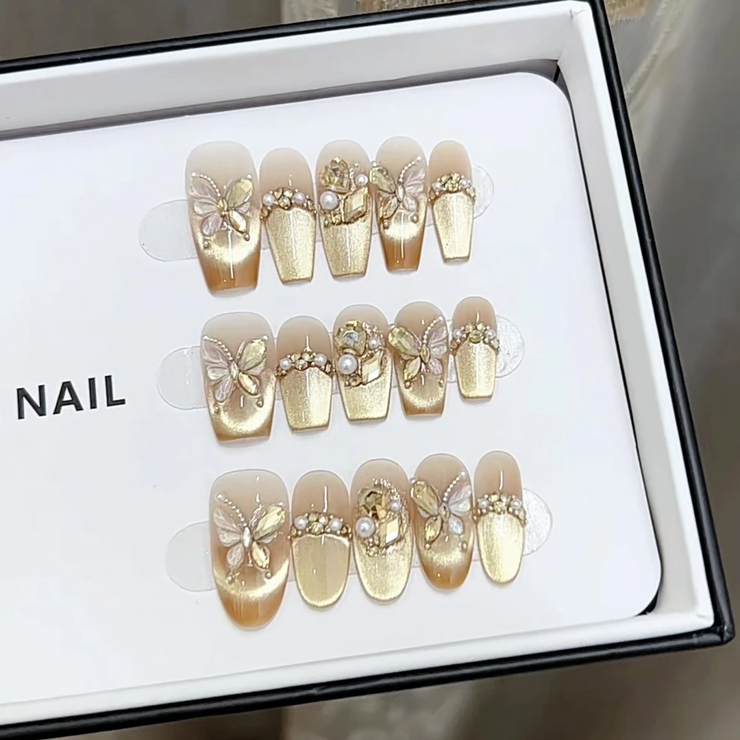 金色蝴蝶纯手工光疗美甲贴果冻贴片指甲穿戴甲美白简约梯形重