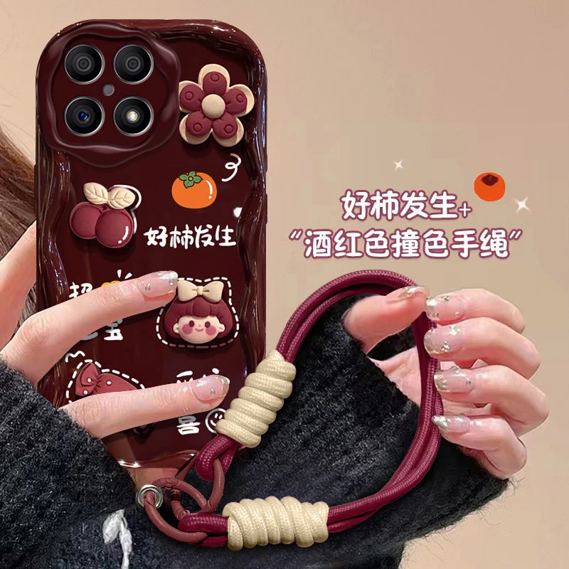好柿发生女孩荣耀x30i手机壳TFY-AN00防摔酒红色软壳潮时尚手绳款