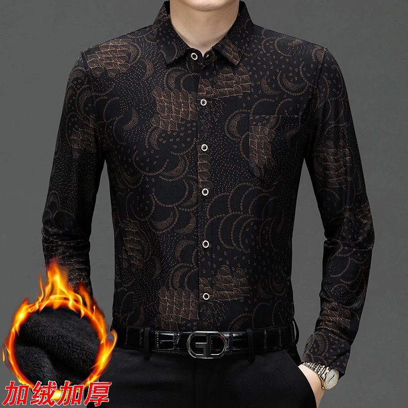 男士秋冬新款加绒加厚长袖衬衫有口袋8085#