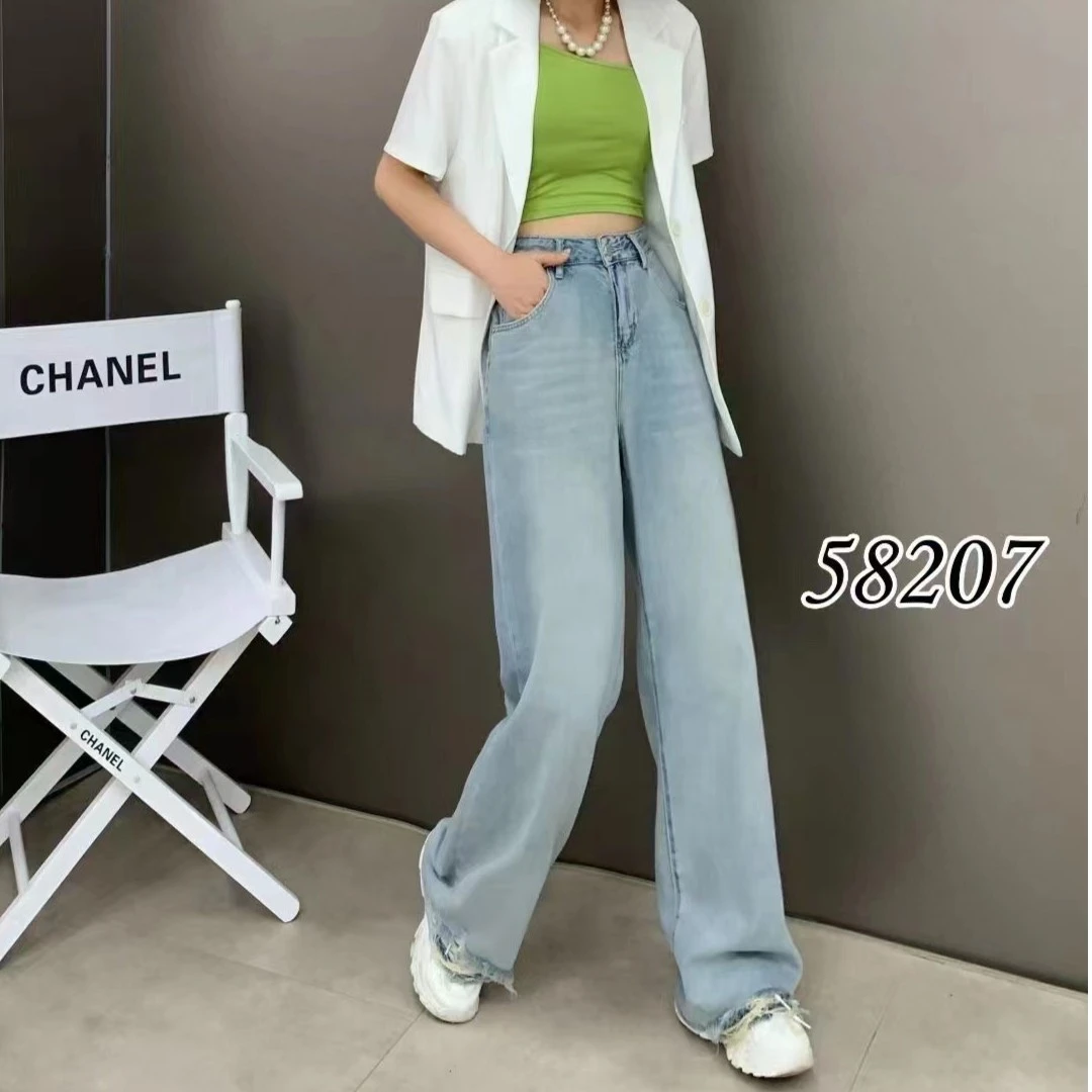 58207款直筒无弹阔腿长裤2023夏季宽松显瘦磨破牛仔托拖地裤