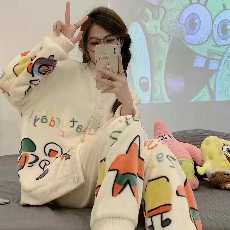 反季秋冬新款派大星睡衣加绒可外穿休闲家居宽松甜美开衫两件套女