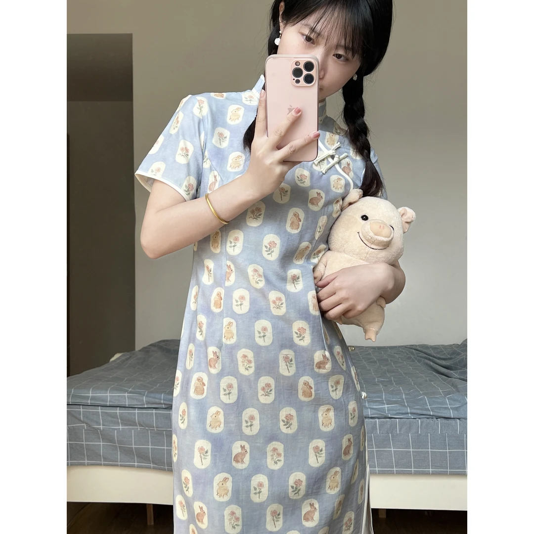 《可爱兔》衣长100和130碎花显瘦蓝色少女法式长款中式日常旗袍小众
