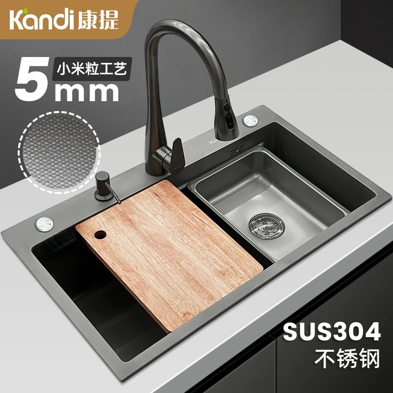 kandi康提加厚5.0小米粒SUS304不锈钢厨房水槽大单槽洗菜盆枪灰色