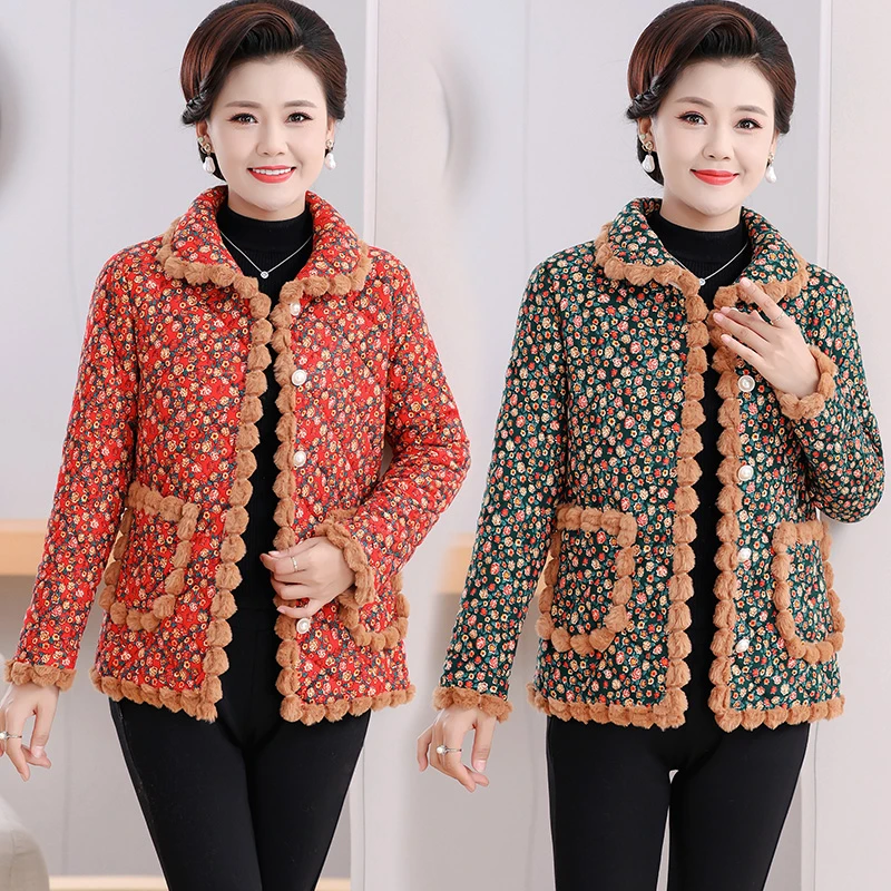 中老年妈妈装中年加绒加厚保暖冬季碎花大码碎花短款时尚秋冬小棉