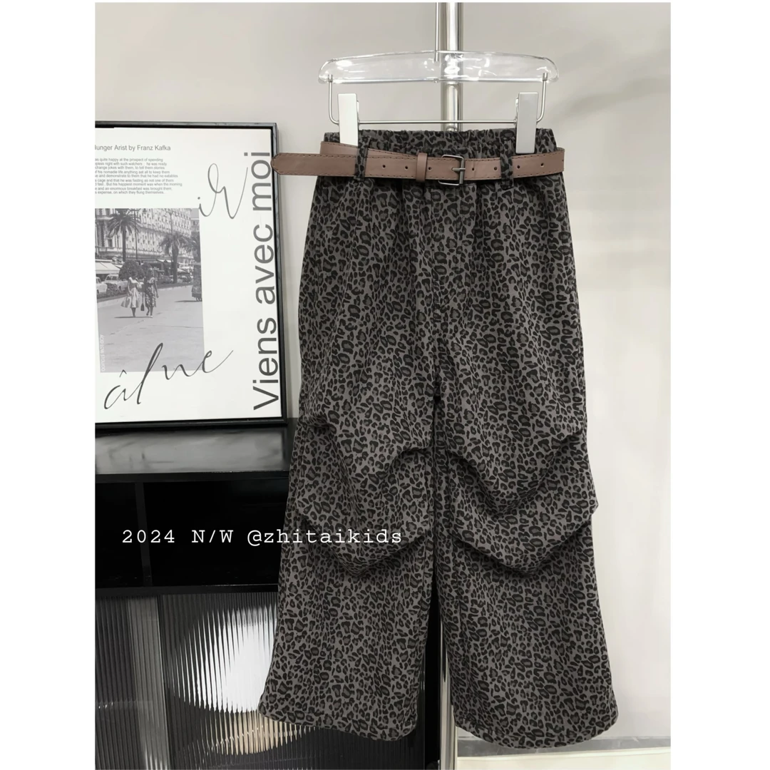 亲子装 秋冬新款潮童美式街头豹纹辣妹高级感穿搭宽松阔腿牛仔裤