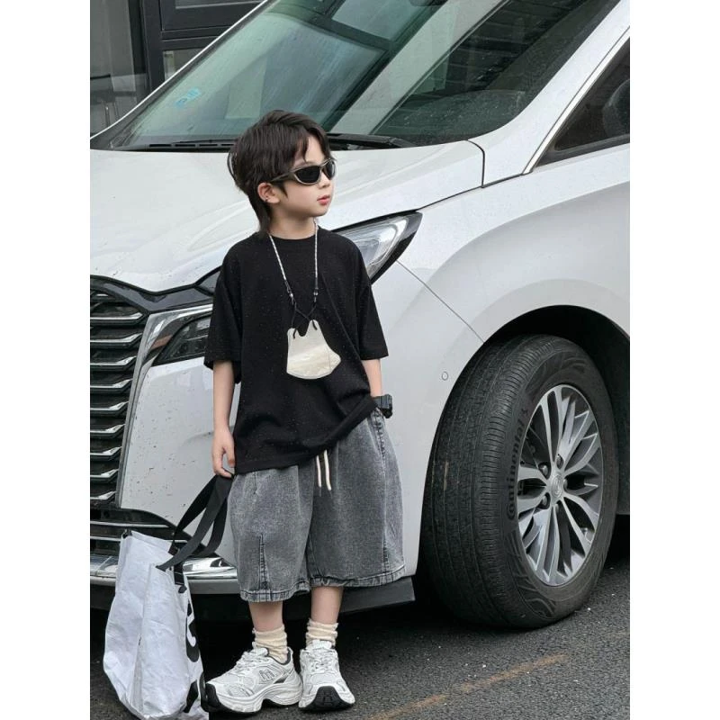 ZHITAI织态2024男童夏季新款韩版时尚百搭高级轻奢镶钻中大童T恤