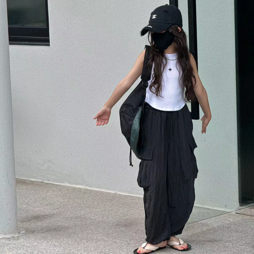 【杜啦啦】女童夏季洋气时尚休闲百搭黑色韩版百褶褶皱休闲裤