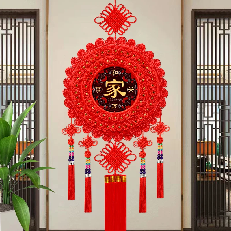 纯手工编织雕刻桃木中国结挂件圆形福字客厅大号玄关乔迁喜庆过年