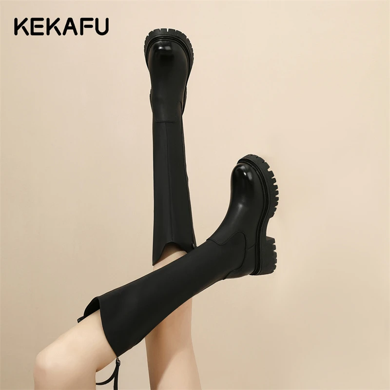 珂卡芙黑色厚底长筒靴女2023新款冬季小个子女靴英伦风靴子骑士靴