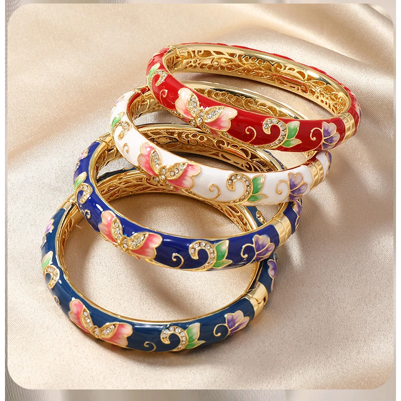 铜合金手镯 国潮镂空圆掐丝珐琅双层手镯按扣蝴蝶古法景泰蓝手环