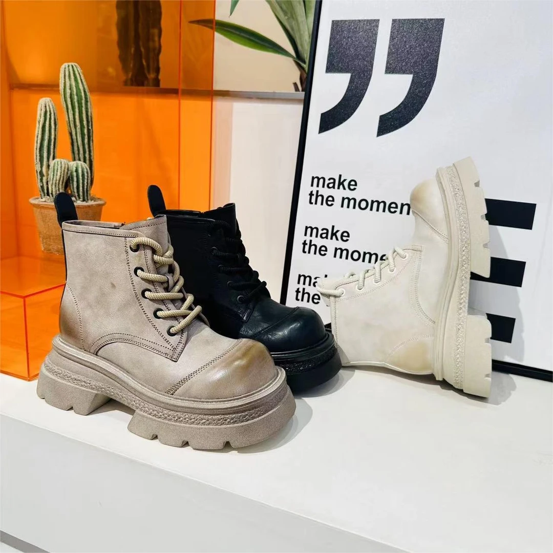 真皮复古风擦色马丁靴女时尚洋气舒适厚底系带短靴WX0820