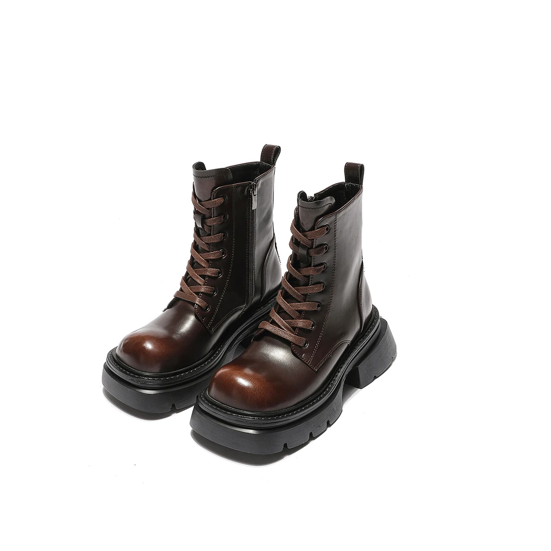 X秋季复古擦色系带厚底马丁靴女英伦风圆头