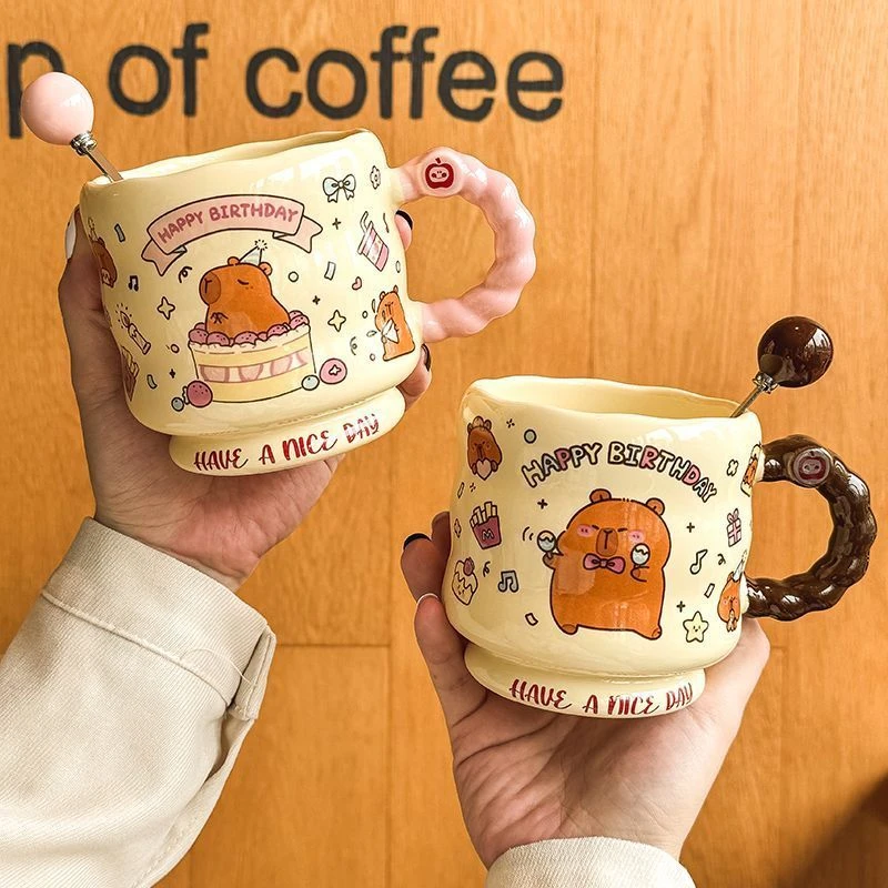 卡皮巴拉水豚杯子女生高颜值陶瓷马克杯带盖勺情侣喝水咖啡早餐杯