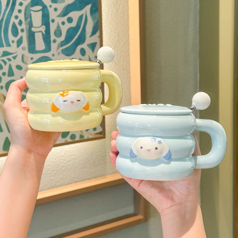 可爱卡通兔子马克杯带盖勺女生家用陶瓷杯子情侣咖啡牛奶杯办公室