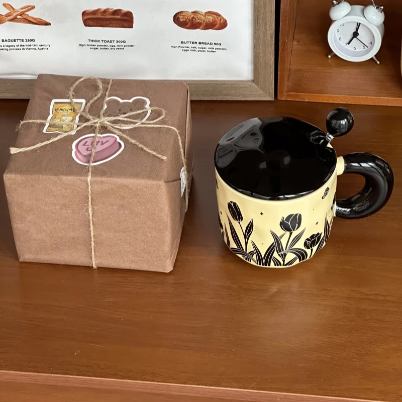 复古郁金香陶瓷马克杯带盖送女生高级感生日礼物闺蜜伴手礼礼盒装