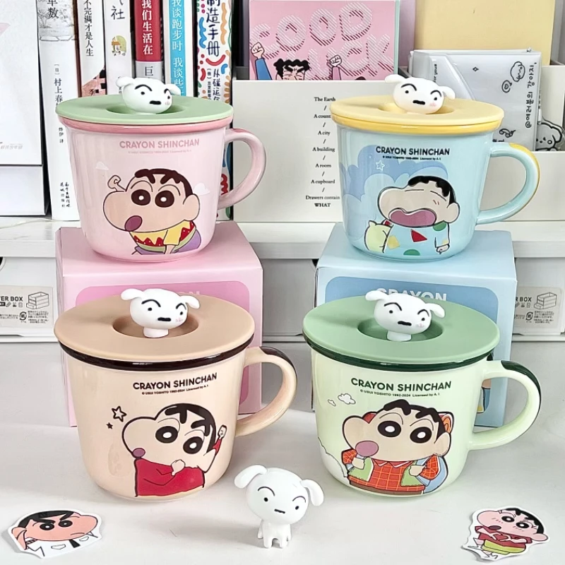 蜡笔小新陶瓷马克杯带盖勺男女生高颜值牛奶刻度杯情侣咖啡早餐杯