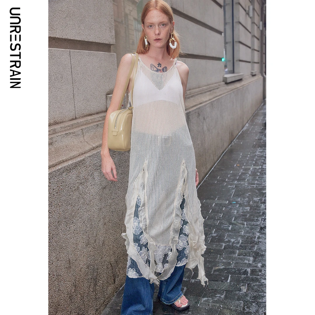 【UNRESTRAIN】UNR原创设计新品仙女风薄纱拼蕾丝连衣裙女