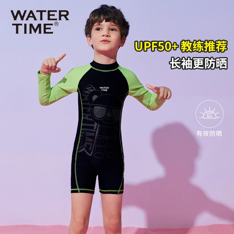 WaterTime 儿童泳衣男孩夏防晒连体中大童青少年专业游泳衣泳装