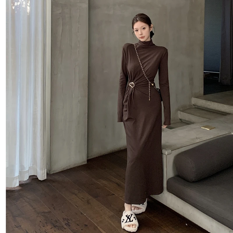 女人味半高领磨毛加绒长袖连衣裙女辣妹修身显瘦内搭长裙
