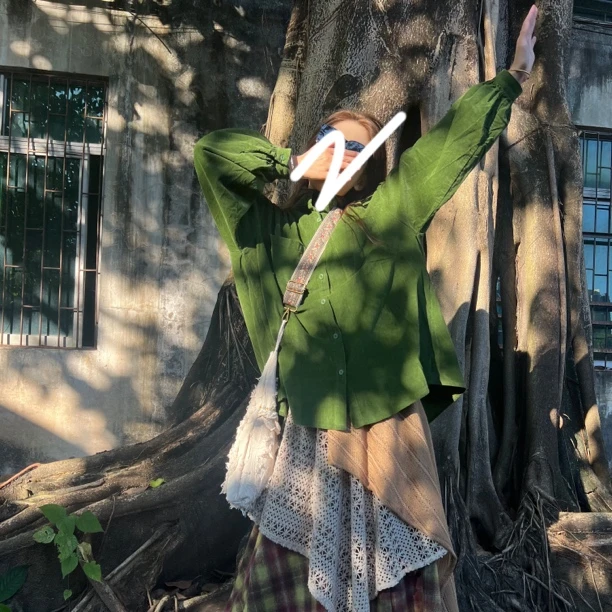 立领显白绿色宽松纽扣灯芯绒长袖衬衫可做外套