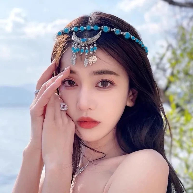 铜合金项链 民族风月牙流苏头饰百搭饰品网红复古古风两用项链