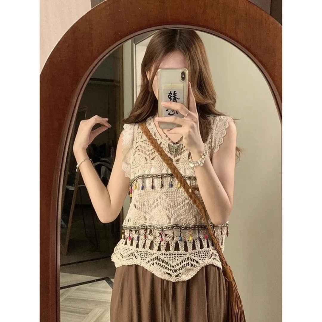 波西米亚名族风钩花镂空无袖针织马甲背心女夏季叠穿外穿流苏上衣