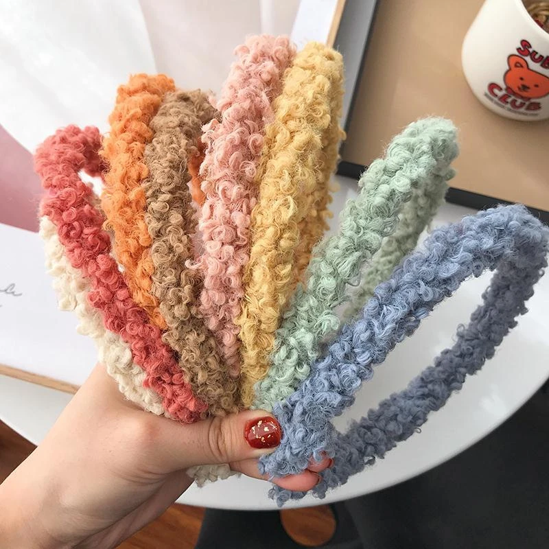 ins羊羔毛发卡彩色发箍女网红细发带百搭外出秋冬发捆毛绒绒头饰