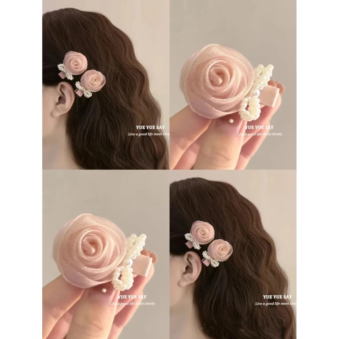 绚烂玫瑰 法式复古粉色花朵发夹蝴蝶结刘海边夹仙气少女发饰