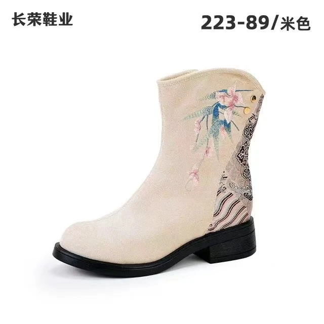 新款中筒手工刺绣立体装饰国风高靴中国风绣花布鞋女223-89