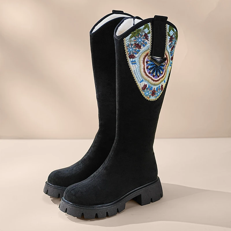 新款高筒手工刺绣立体装饰国风高靴中国风绣花布鞋女2829-2