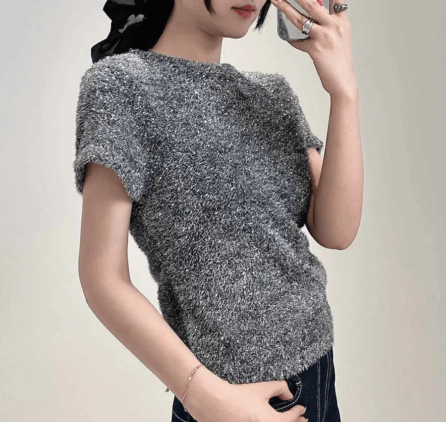 『不扎！』VIK秋冬新品 时髦灰色套头圆领立体感细闪短袖针织上衣