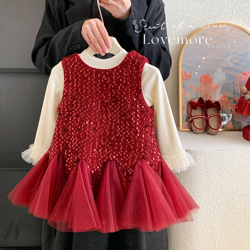 2024冬‘浮光浣溪'女童加绒打底+加绒无袖亮片连衣裙A26207