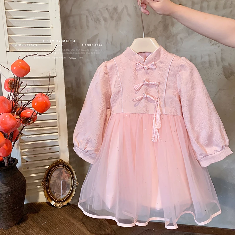 秋冬”暮色秋月”中国风女童盘扣加绒网纱连衣裙LD099 35