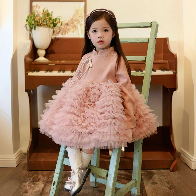 2024冬“如梦令”女童中国风加绒蛋糕网纱连衣裙dy955