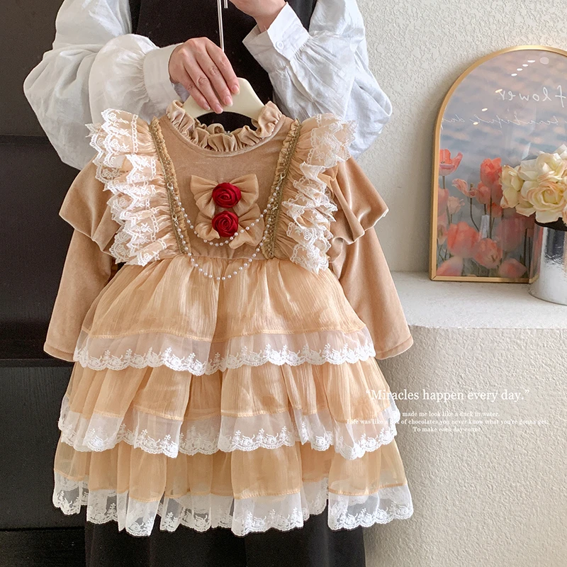 2024冬”玫瑰礼赞"韩版女童加绒泡泡袖玫瑰洛丽塔网纱连衣裙85343