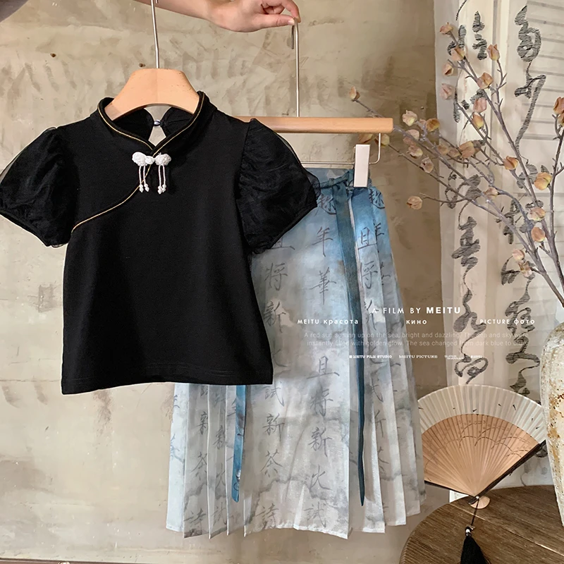 “笔墨丹青”女童中国风盘扣上衣+国风印花半身裙28013 39’9