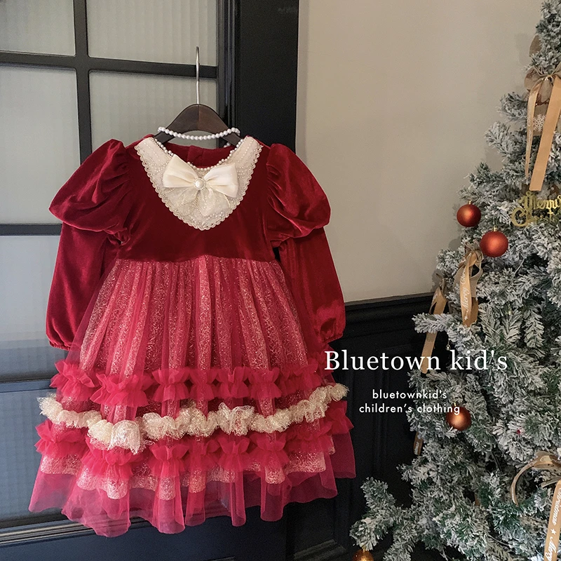 2024冬‘圣诞夜’"女童加绒泡泡袖蝴蝶结连衣裙yf40