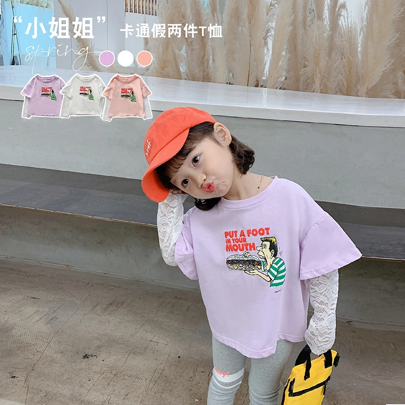 韩版春秋儿童洋气长袖圆领百搭假两件蕾丝拼接卡通上衣 21C025 10