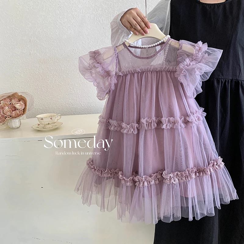 2024夏“浅夏”韩版女童泡泡袖网纱蛋糕连衣裙L6808 39‘9’