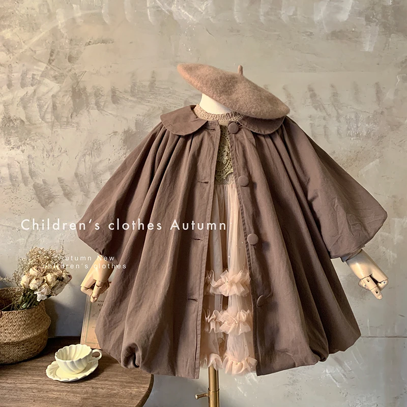 秋“复古周末”女童复古泡泡袖娃娃领纯色韩版风衣AW6601 35